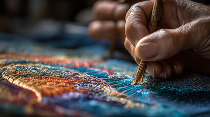 Hands carefully embroider colorful threads on the cloth.