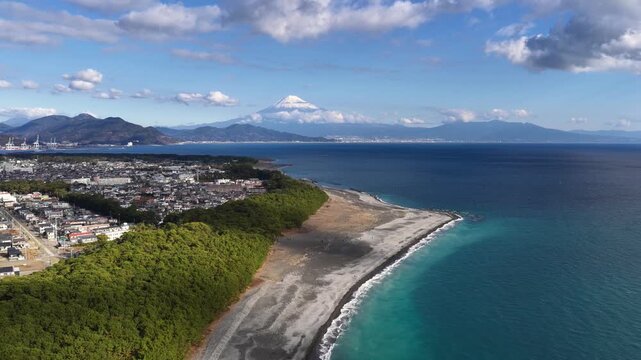 Drone Push-In Over Miho no Matsubara Toward Mount Fuji, Shizuoka, Japan