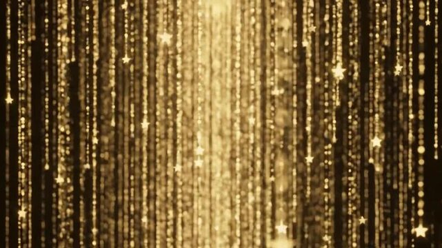 Golden shimmering curtain with hanging beads and star shapes, creating a magical ambiance.
