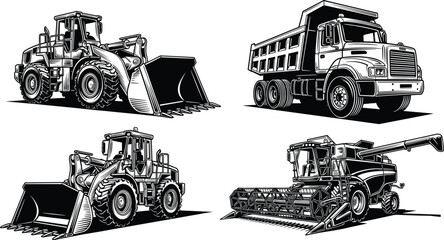 Set of black and white vector illustrations featuring heavy construction machinery, dump truck, wheel loader, and combine harvester isolated on white © Raihan