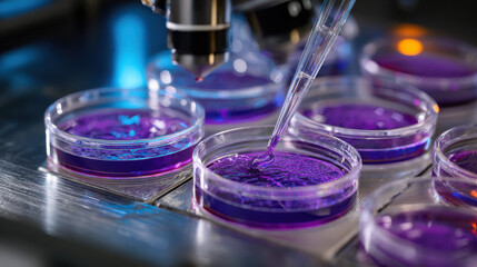 Intricate Cyanine Purple Powder Being Accurately Placed in Petri Dishes on a High-Tech Laboratory Production Line