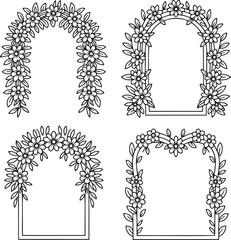 Set of Floral archways Outline vector illustration isolated On Transparent Background