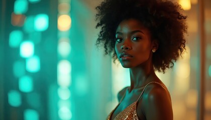 Black woman in shimmering gold dress posing for fashion photo. Elegant beauty with afro hair looks at camera. City nightlife lights blur background.