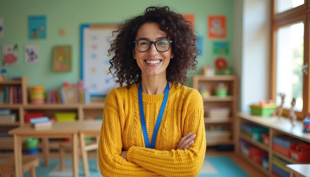 Hispanic woman teacher smiles warmly in bright preschool classroom, arms crossed. She wears glasses and a yellow sweater, standing among toys and learning materials.