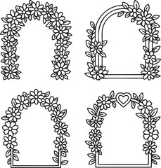Set of Floral archways Outline vector illustration isolated On Transparent Background