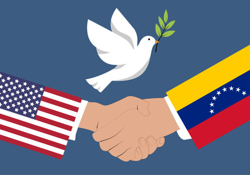 Apret&oacute;n de manos diplom&aacute;tico entre estados unidos de am&eacute;rica y venezuela con una paloma de la paz para simbolizar relaciones bilaterales