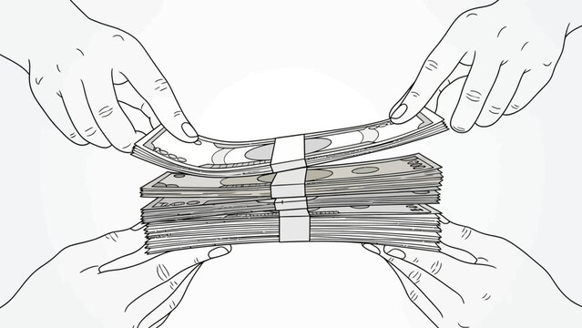 Hands exchanging money stacks in a financial transaction.
