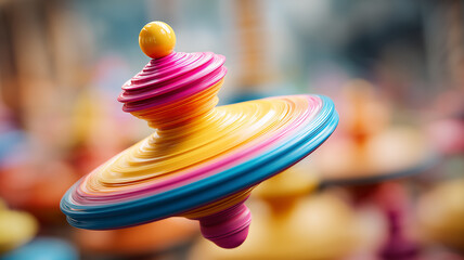 Colorful spinning top toy with close-up view and dynamic rotation.