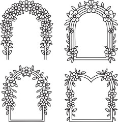 Set of Floral archways Outline vector illustration isolated On Transparent Background