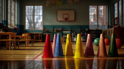 Photo of colorful cones on the floor in an empty school gymnasium, pastel colors, bright light from large windows, children's chairs and tables with books nearby, basketball hoop