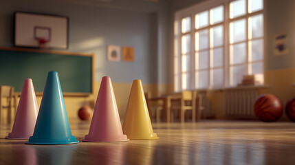 Photo of colorful cones on the floor in an empty school gymnasium, pastel colors, bright light from large windows, children's chairs and tables with books nearby, basketball hoop