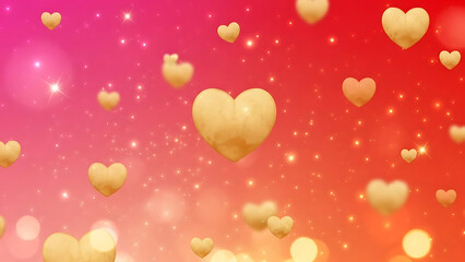 A vibrant and colorful background displays numerous golden hearts scattered across a gradient of pink and orange hues high quality professional