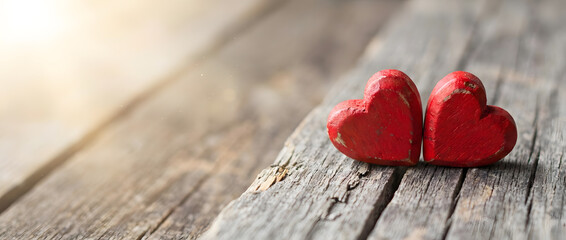 Two weathered red wooden hearts rest together on a rustic, gray timber surface, illuminated by soft, warm sunlight, symbolizing love, romance, and companionship.