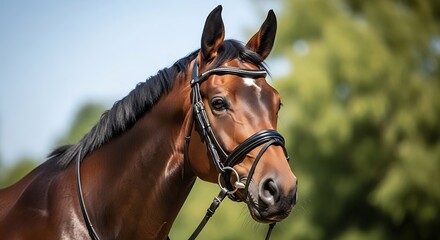 Obraz premium Elegant Brown Horse with Bridle and Focused Gaze.