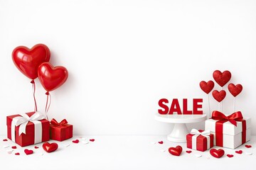 Valentine sale promotion setup with heart decorations gift box and copy space for advertising text for stores and social media
