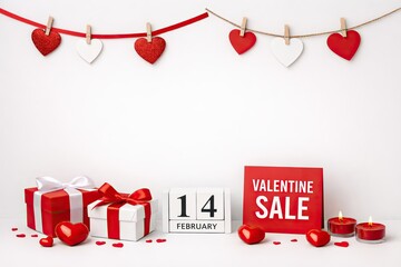 Valentine sale promotion setup with heart decorations gift box, 14, SALE, copy space for advertising text for stores and social media