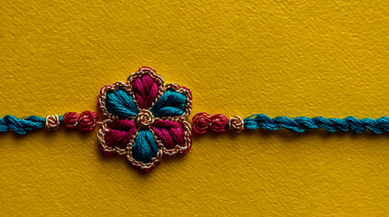 Photo of colorful thread with flower-shaped decoration on a yellow background for a festival background