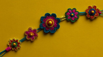 Photo of colorful thread with flower-shaped decoration on a yellow background for a festival background