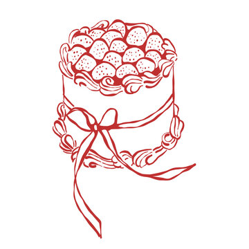 Wedding or birthday cake with red strawberries. Celebratory cake. Hand-drawn vector romantic sketch-style illustration.