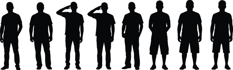 Set of standing men silhouettes, casual male figures in different poses, saluting and waiting, isolated on white background, vector.