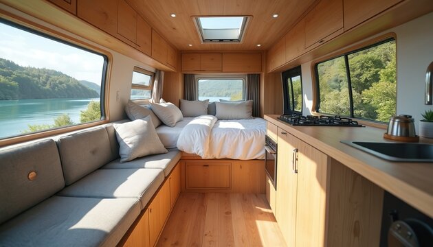 Modern van interior with cosy bed and seating area. Functional kitchen unit with stove and sink. Large windows view serene lake and green forest. Natural wood finishes create warm atmosphere.