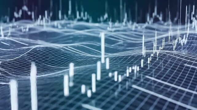 Abstract financial chart with rising and falling candlesticks against a wireframe grid.