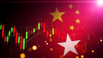 Chinese flag and stock market graph with red background and gold stars