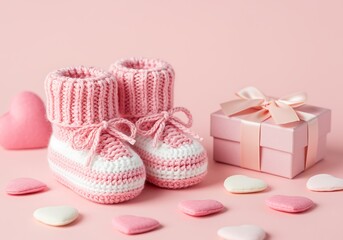 pink baby booties and gift box with macarons on pink background