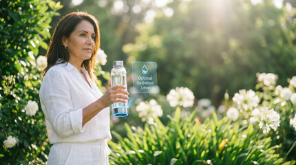 Woman holding smart water bottle showing optimal hydration level