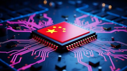 Chinese flag on a microchip with circuit board background representing technology and innovation