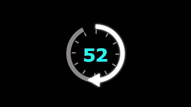 Animation video timer icon with 52 min. timer 52 minutes countdown icon. motion graphic arrow Clock 52 minute icon, white background 4k video animation