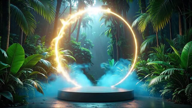 A glowing ring hovering above a platform in a lush jungle setting.