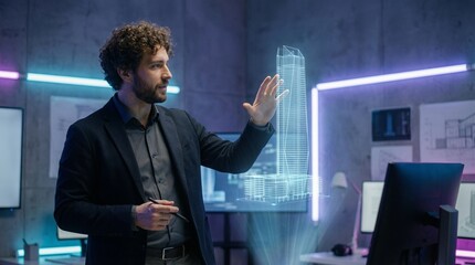 Human Architect Collaborating with Holographic AI Interface in Studio