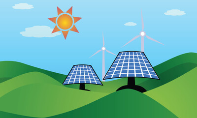 Renewable Energy Landscape With Solar Panels And Wind Turbines Vector