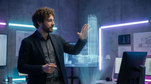 Human Architect Collaborating with Holographic AI Interface in Studio - Powered by Adobe