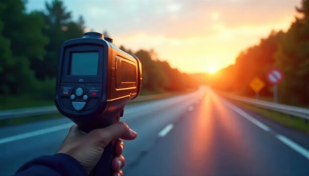 A police radar gun pointed down a highway, speed limit sign visible in the background, suggesting traffic enforcement and speed monitoring , radar, sign, monitoring