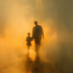 softly blurred silhouette of an adult and child holding hands is seen through a golden, misty surface, evoking themes of love, memory, and emotional connection