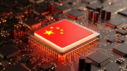 A computer chip with the flag of china on it sitting on a circuit board with red lights