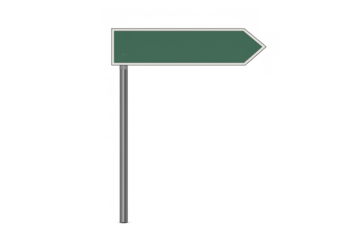 Blank green directional road sign on a metal pole, indicating a path, choice, or empty space for custom information