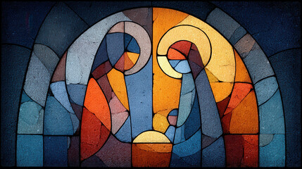 stained glass window in abstract style depicts the Nativity with Mary, Joseph, and baby Jesus in rich hues of blue, orange, and gold, symbolizing sacred love and devotion