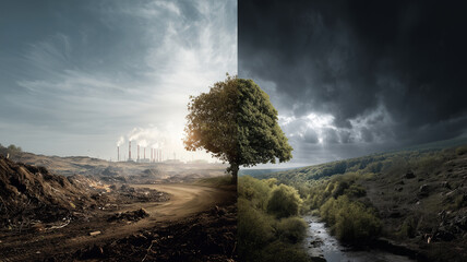 An environmental awareness campaign poster showing the contrast between polluted land and restored green nature.