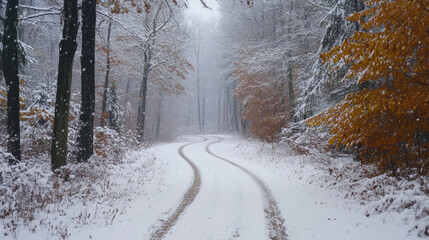 Winter forest snow road snowy woods autumn leaves winding path tranquil scene snowfall woodland nature landscape cold weather forest trail snow covered seasonal change frosty day orange foliage