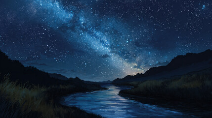 Night sky milky way star galaxy river mountain landscape reflection grass nature Night sky over calm river with bright milky way galaxy, countless star reflection water, quiet mountain landscape
