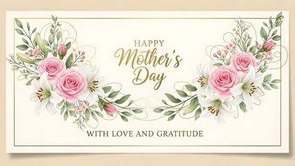 Happy mother's day greeting card with pink roses and greenery