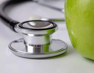Close-up of stethoscope and green apple for healthcare and nutrition concept