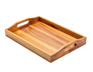 Empty rectangular wood tray with cut-out handles; isolated on a solid black background