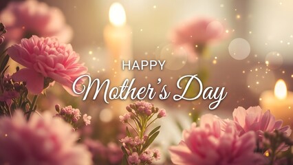 Happy mother's day greeting with pink flowers and candles
