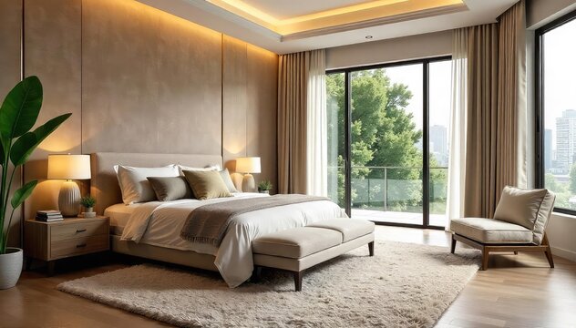 Luxurious master bedroom featuring a plush, oversized area rug The rug anchors the space and adds warmth and texture Perfect for design inspiration , comfort, traditional