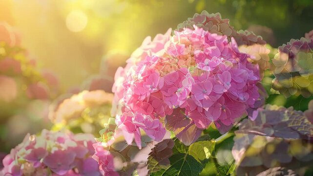 Close-up shot of pink hydrangea flowers blooming in the garden on a sunny day.