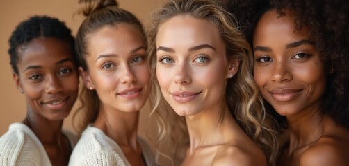 Diverse women friends with healthy skin pose together. They share smiles, conveying natural beauty and positive vibes. This represents friendship, wellness, and skin care.